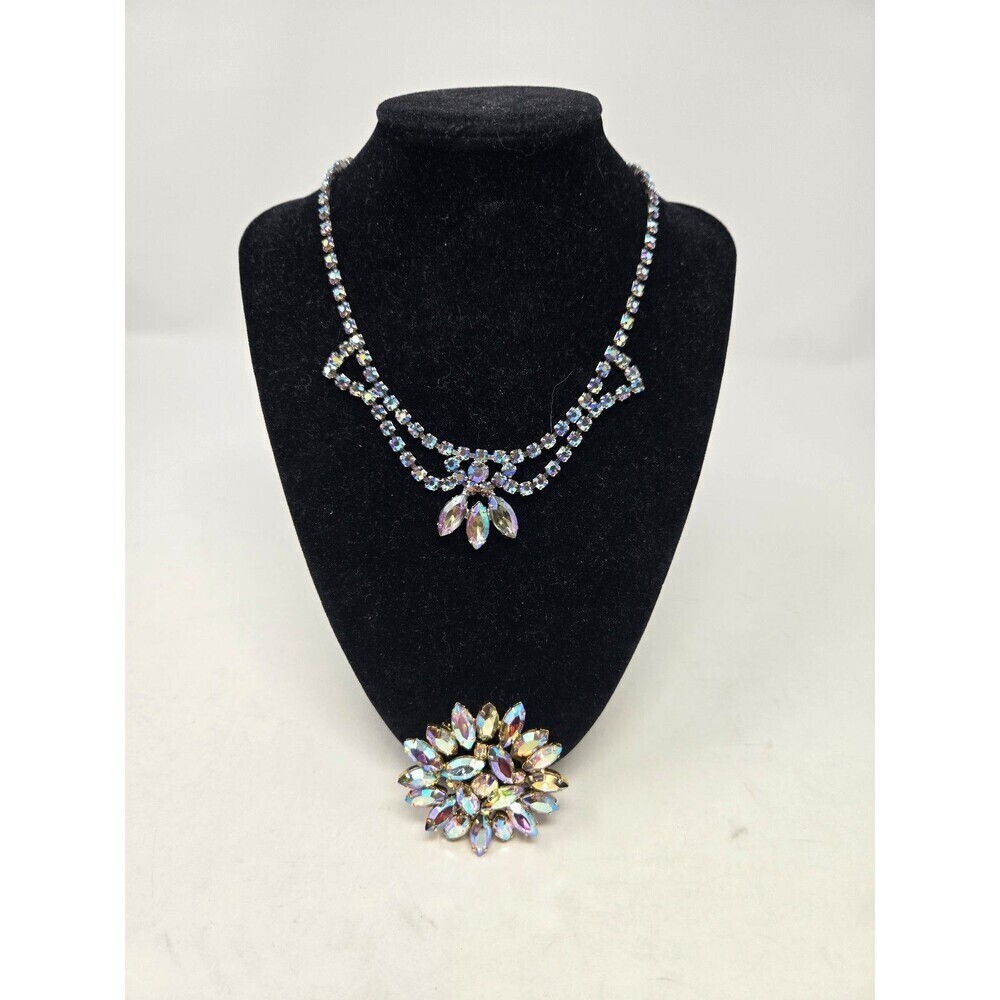 VINTAGE FASHION JEWELRY NECKLACE & BROOCH AB COATED RHINESTONE NAVETTE BLING